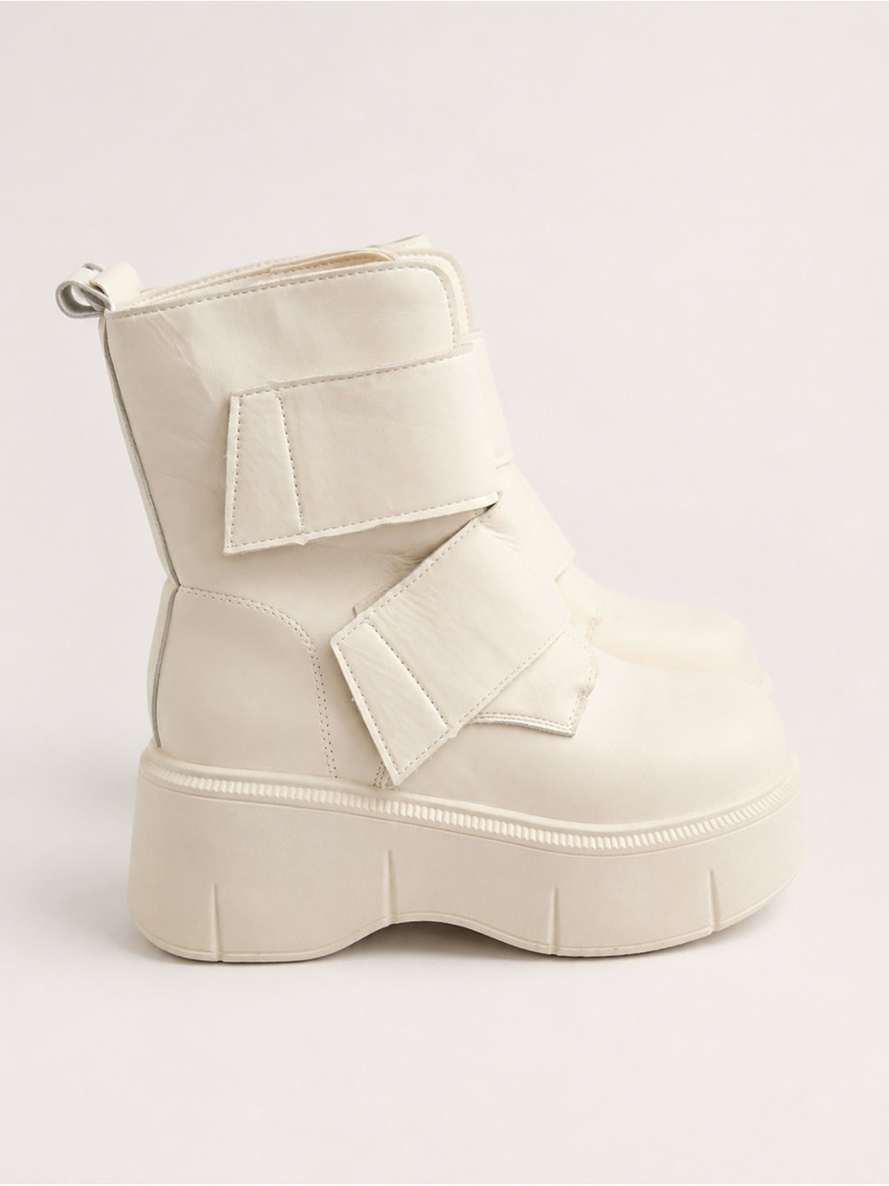 Cream Platform Ankle Boots with Hook-and-Loop Straps